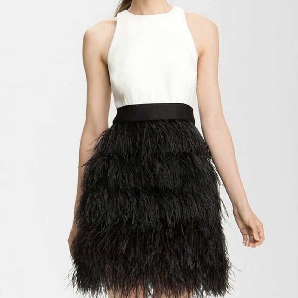 Milly White and Black Feathered Mini Dress